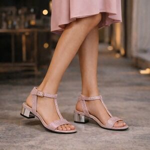 Ron White Pink Glitter Block Heel Sandals Ankle Strap Italy Women's EU 39 US 8.5